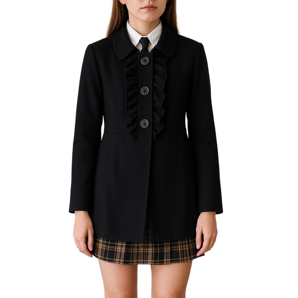 J.CREW 100%‎ Wool Ruffle dark academia Coat Black Jacket Lined Size 10